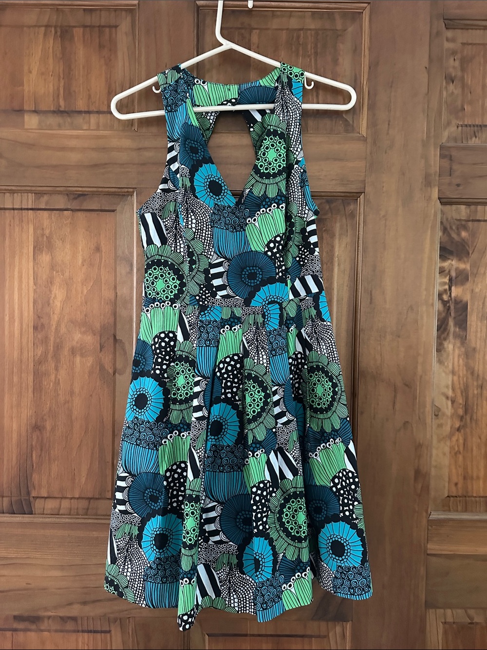 Marimekko Teal, Green & Black Floral Sleeveless Fit-and-Flare Dress